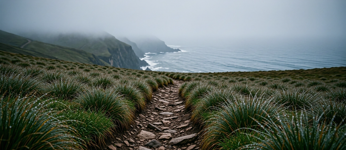 Sendero costero de Asturias bajo la niebla